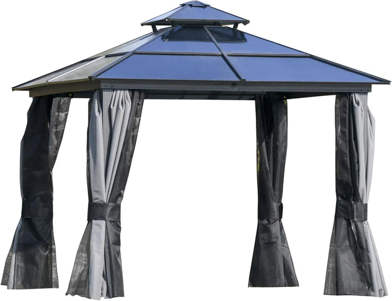 10 feet x 12 feet hard-top awning canopy, polycarbonate roof, aluminum frame, permanent outdoor awning, with net cover, suitable for patios, gardens, backyards, terraces, lawns, grasslands, light gray. O6510