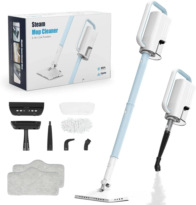 Steam Cleaner, 6 in1 Rotated Steam Mop Cleaner with 2 Modes, 2 Microfiber Pads, 400ML Removable Tank, 23FT Power Cable, Detachable Steam Mops for Floor, Laminate Floor, Tiles Cleaning (Light Blue) G0113