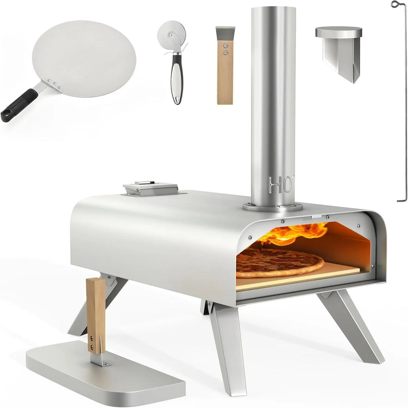 Wood-fired outdoor pizza oven, 12-inch portable pellet pizza oven, equipped with pizza tongs and pizza cutter, stainless steel silver pizza maker suitable for outdoor kitchen cooking N9157