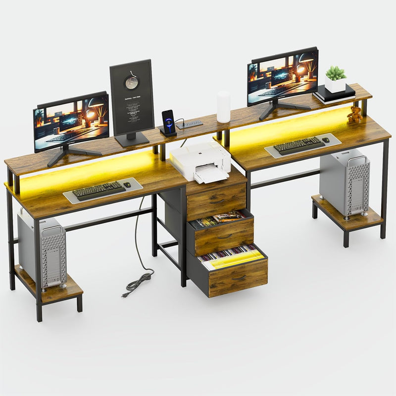 2 Person Desk with LED Lights & Charging Station – Long Desk for 2 with Storage Drawers, Monitor Riser, USB Ports & Outlets – Modern Study Table or Workstation for Home Office H0701