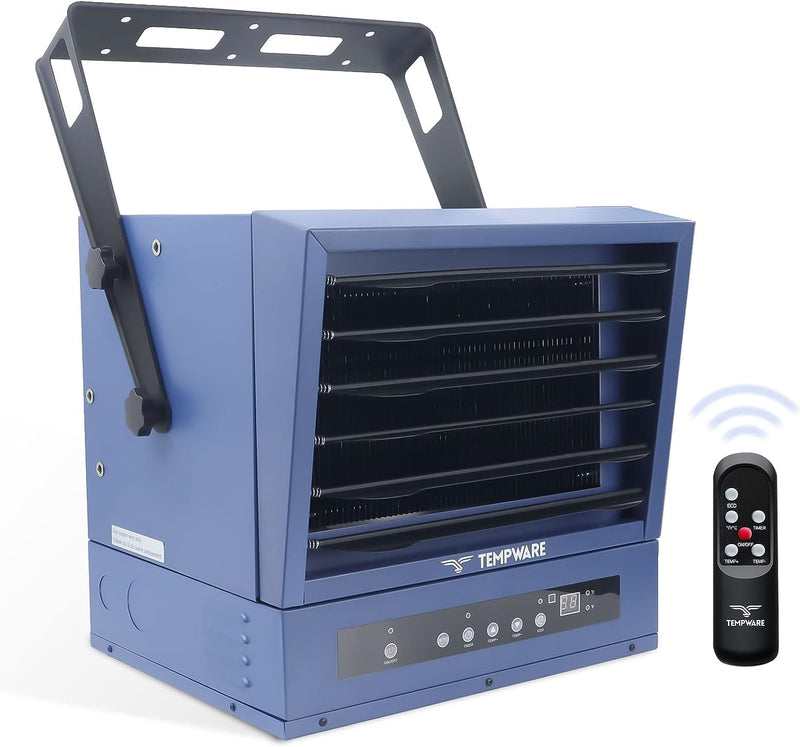Electric Garage Heater, 7500-Watt Digital Fan-Forced Ceiling Mount Shop Heater with Full-Function Remote, 240-Volt Hardwired 12-Hour Timer, Ideal for Workshop Blue C8896