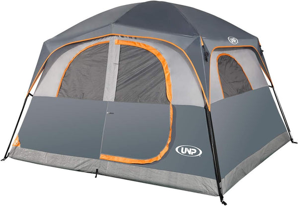 A 6-person waterproof and windproof portable family camping tent, with a double-layer structure, equipped with 1 mesh door and 5 large mesh windows - height of 10 feet × 9 feet × 78 inches (unit: inches) Q7597
