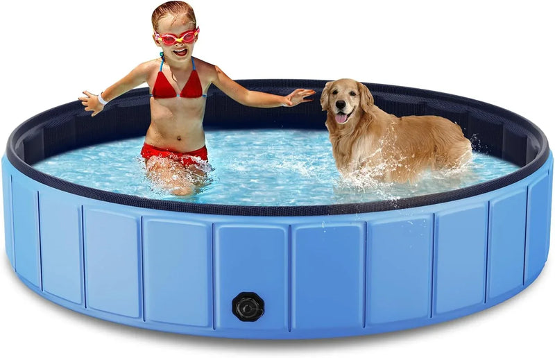 Foldable Dog Swimming Pool, 120"x20" Oversize Collapsable Hard Plastic Potable Bathing Tub for Pet Dog Kiddie Pool Indoor and Outdoor Leakproof PVC Play Pool for Large Dogs Pets Puppy Kids Blue O9002