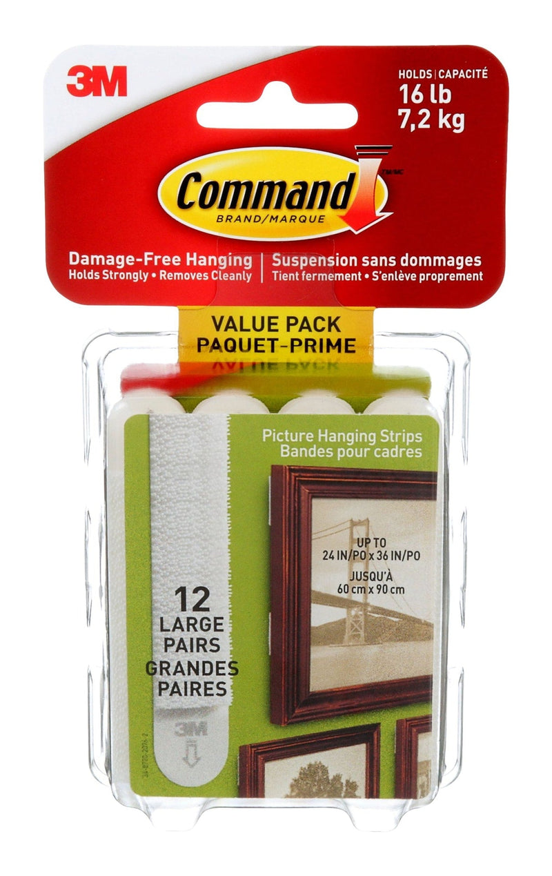 Large Adhesive Picture Hanging Strips Value Pack, White, 16-lbs, 12 Strips per Pack W2851