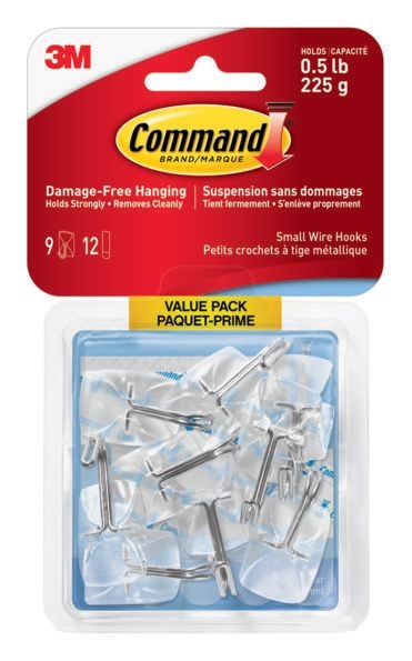 Small Wire Hooks Value Pack with Adhesive Strips, Clear, 0.5-lbs, 9 Strips per Pack