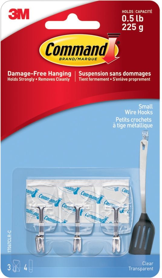 Small Wire Hooks with Adhesive Strips, Clear, 0.5-lbs, 3 Strips per Pack