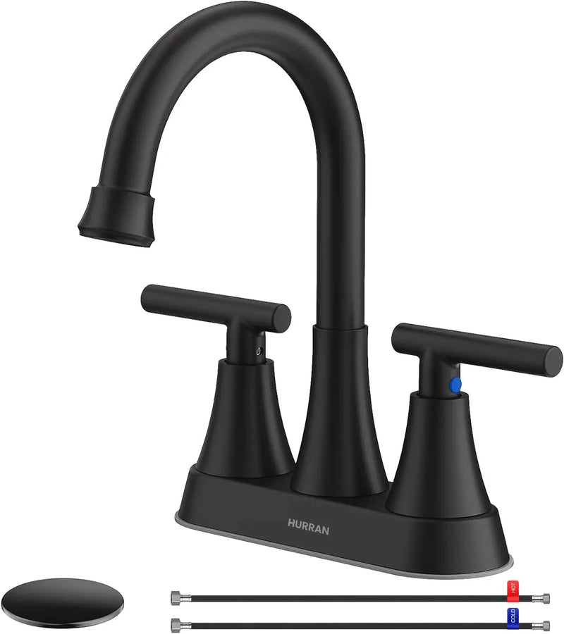 Bathroom Faucets for Sink 3 Hole, Hurran 4 inch Matte Black Bathroom Sink Faucet with Pop-up Drain M7344