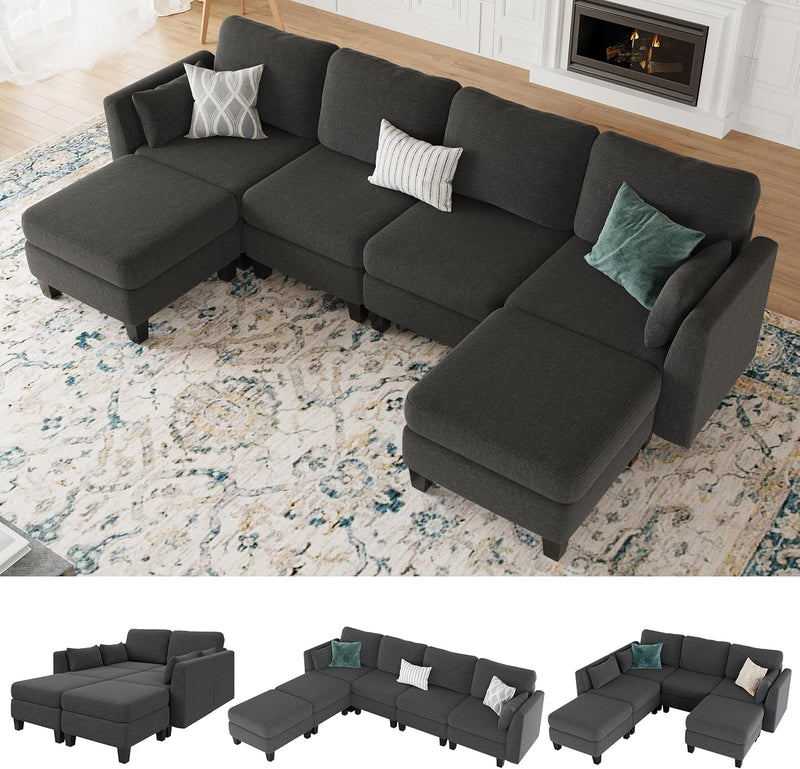 Modular Sectional Sofa, Convertible U Shaped Sofa Couch with High Density Memory Foam, 6 Seat Comfy Modular Sofa Couch Room, Modern U Shaped Sectional Sofa, Dimgrey E7280