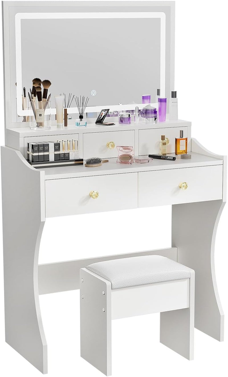 Makeup Table with Extra Large Mirror and Lights, 80cm Dressing Table with Stool N0754