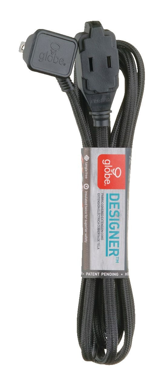 9-ft 16/2 Fabric Extension Cord, Right Angle Plug, 3 Outlets, Black N1141