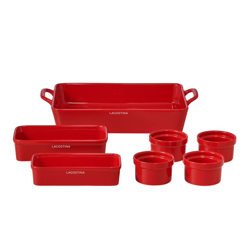 Stackable Red Ceramic Bakeware Set with Handles, 7-pc Y0333