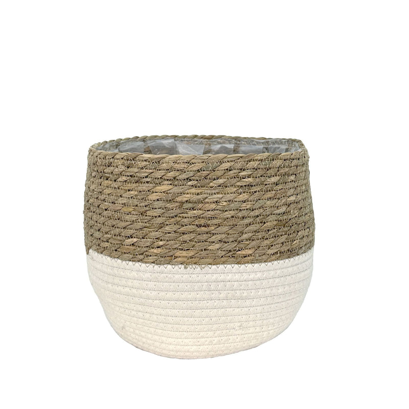 Lynne Weave Cotton Jute Round Basket Planter with Leaf-Proof Plastic Lining, 8-in Q2505