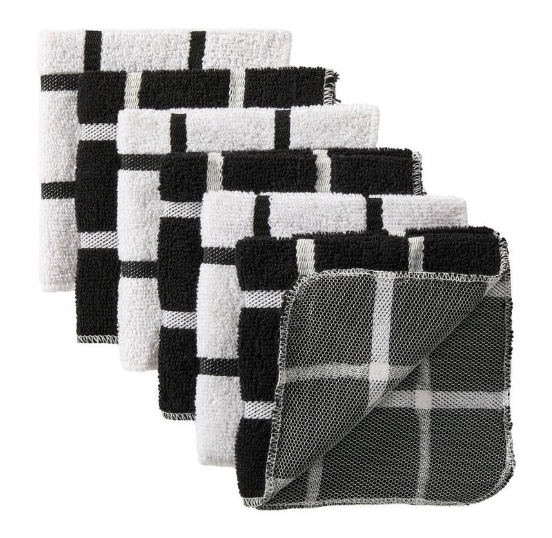 Terry Checkered Dish Cloths with Scrubber, Black, 6-pk P3155