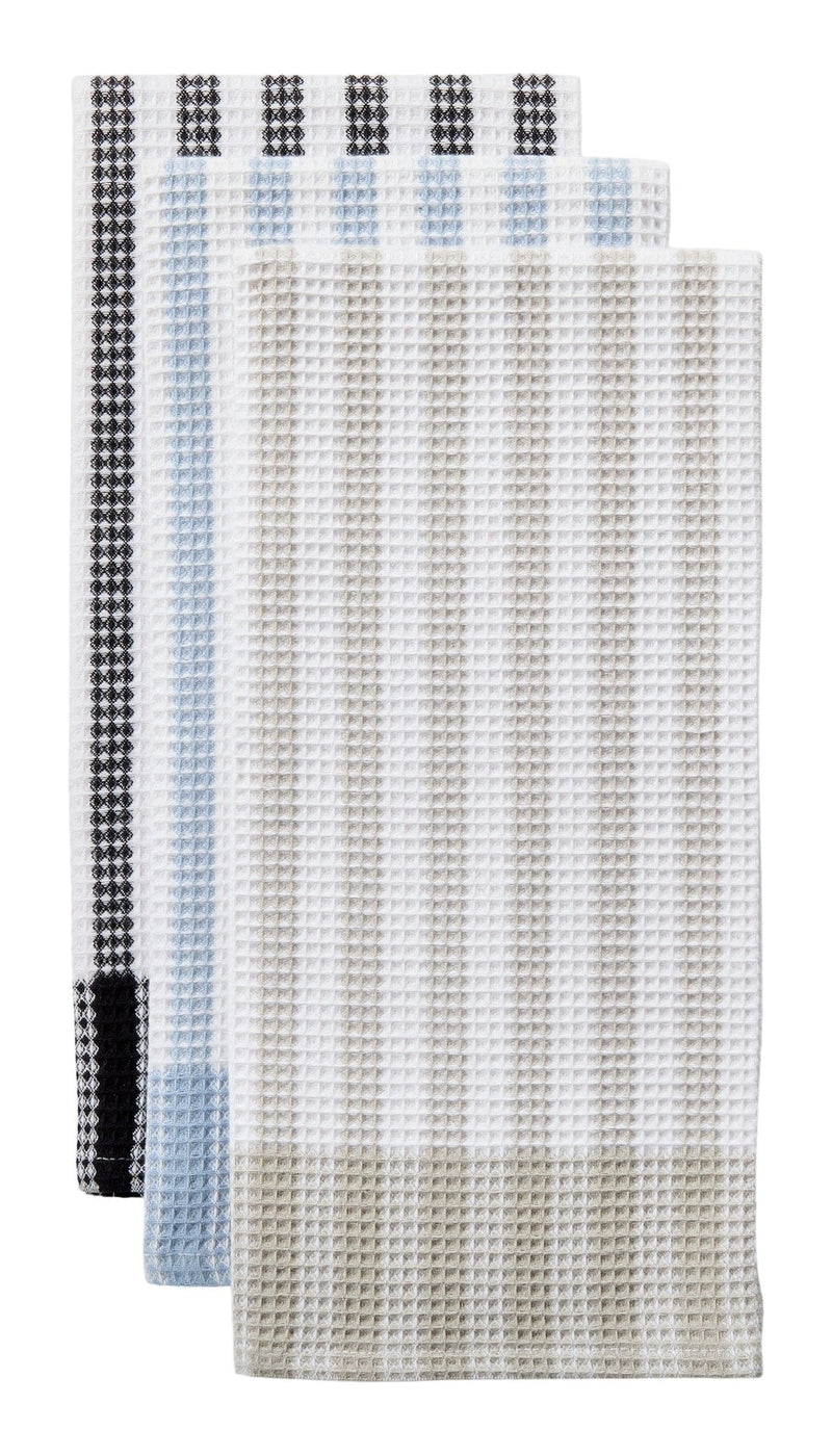 Waffle Checkered Cotton Kitchen Towels, Black/Grey/Blue, 20-in x 30-in, 6-pk W9571