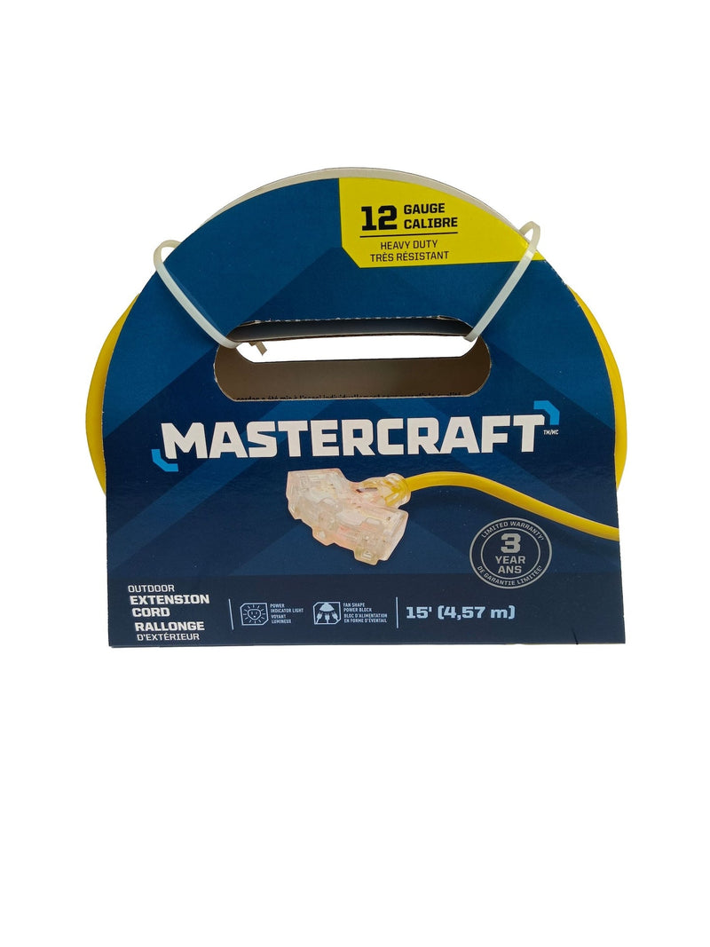 15-ft 12/3 Outdoor Extension Cord with 3 Grounded Outlets and Lighted End, Yellow D6151