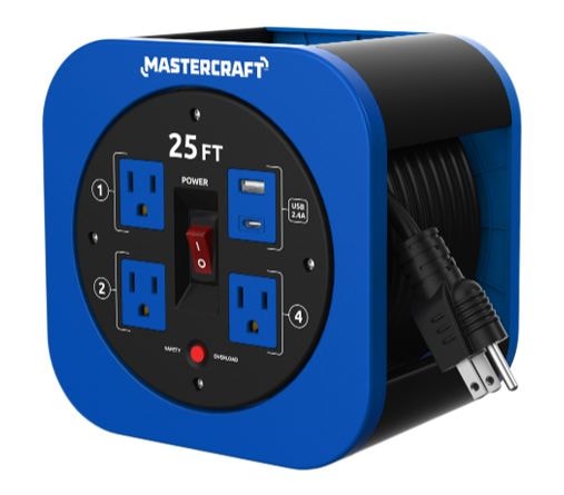 25-ft 13A 3-Outlet/1 USB-A and 1 USB-C Extension Cord Reel V8859