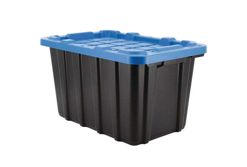 Heavy Duty Stackable Storage Box with Lid, 45-L, Black/Blue Z6374
