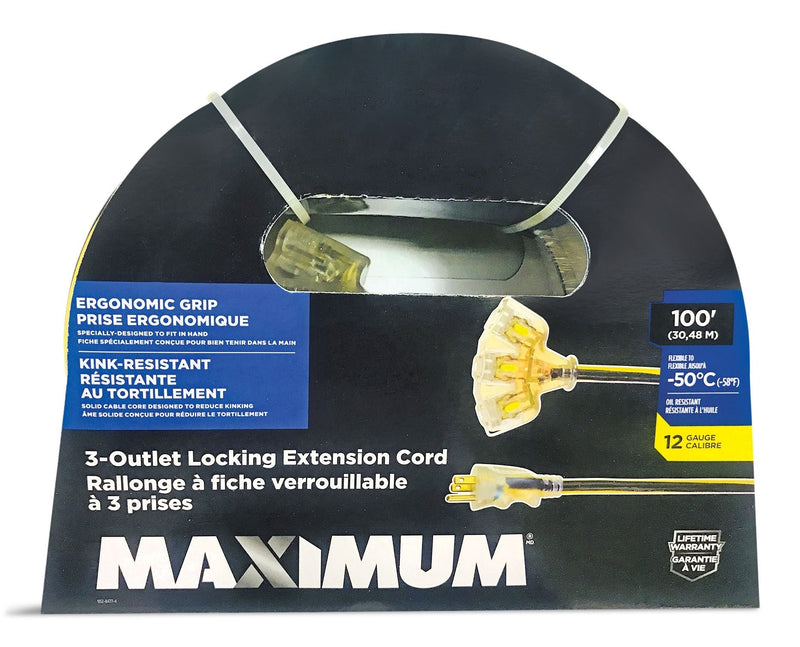 100-ft 12/3 Outdoor Extension Cord with 3 Grounded Outlets, Lighted End and Locking Connector, Yellow/Black V5161
