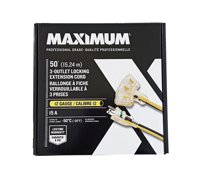 3-Outlet Locking Extension Cord, 50-ft, Yellow/Black F9915