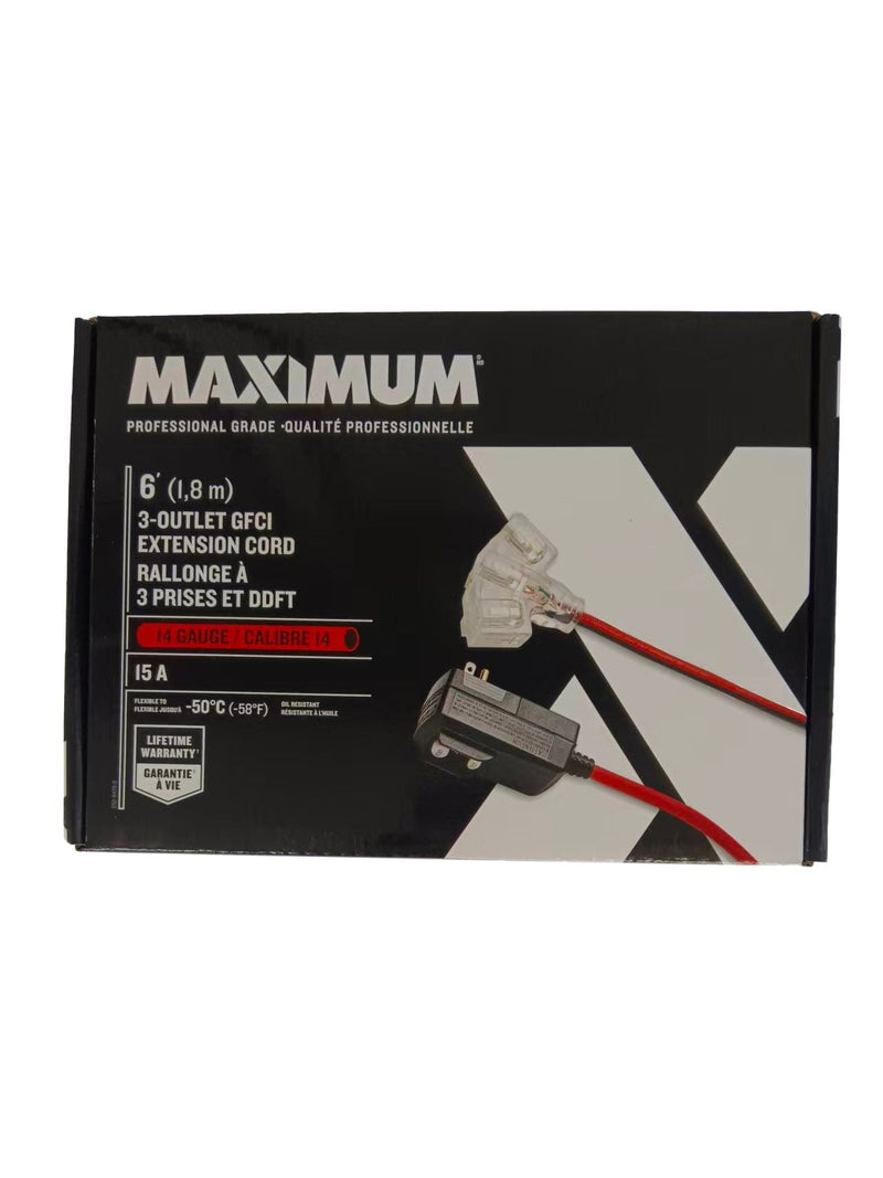 6-ft 14/3 Outdoor GFCI Extension Cord with 3 Grounded Outlets, Lighted End, Block/Red E7579