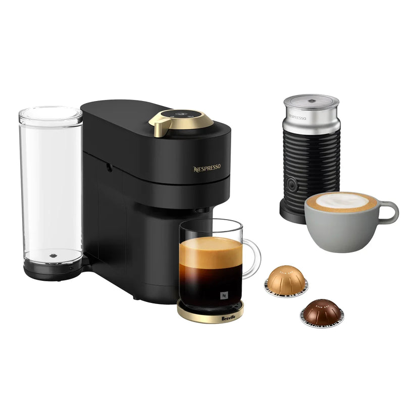 Vertuo Pop+ Deluxe Coffee and Espresso Machine by with Aeroccino with $25 Coffee Credit, Matte Black and Gold A0808