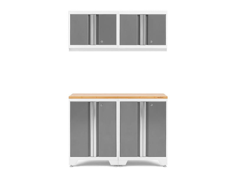 Bold 3.0 Series All-in-One Lockable Steel Garage Cabinetry Set with Bamboo Top, White/Platinum, 48-in x 18-in x 76.75-in, 5-pc Q5819