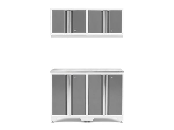 Bold 3.0 Series All-in-One Lockable Steel Garage Cabinetry Set with Stainless Steel Top, White/Platinum, 48-in x 18-in x 76.75-in, 5-pc N9465