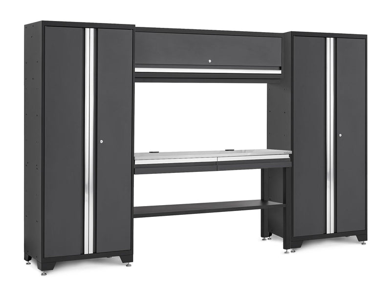 Bold 3.0 Series Lockable Steel Garage Cabinetry Set with Stainless Steel Top, Grey, 120-in x 18-in x 72-in, 5-pc E2818