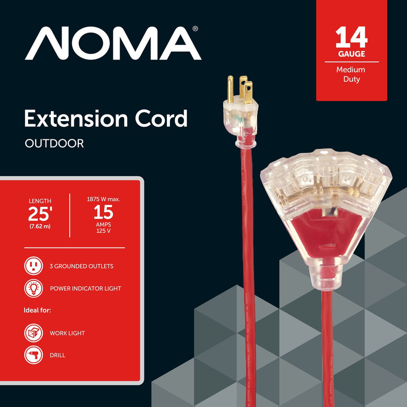 14/3 Outdoor Extension Cord with 3 Grounded Outlets & Lighted End, Red H3583