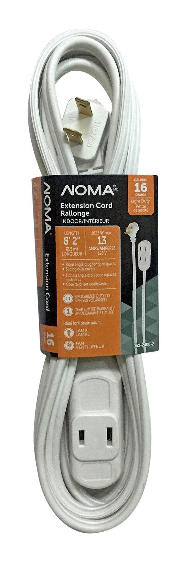 8-ft 2-in 16/2 Extension Cord, Flat plug, 3 Outlets, White N9330