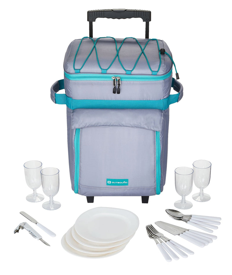 Wheeled Picnic Cooler with 21-Piece Cutlery/Plate Set, 18-Can U8918