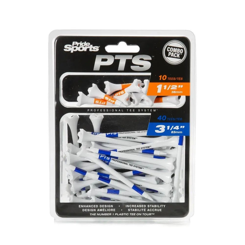 Pride Evolution Plastic Golf Tee Combo Pack, Assorted Sizes, 40-pk, White, 1-1/2-in & 3-1/4-in O0995