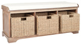 Lonan Wicker Storage Bench, Grey Wash/White, 16.1-in x 47-in x 19.9-in