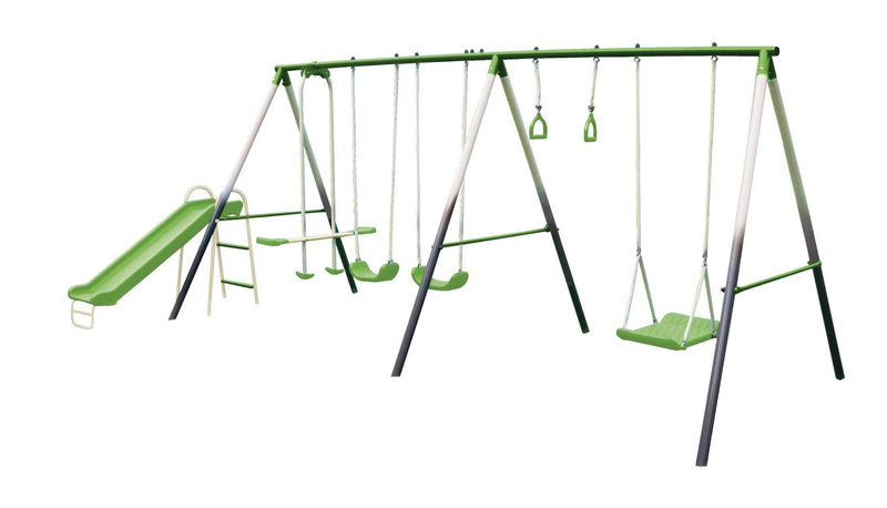 Outdoor 7-Station Metal Swing Set Combo with 2 Swings, Trapeze & More, Ages 3+ N1590