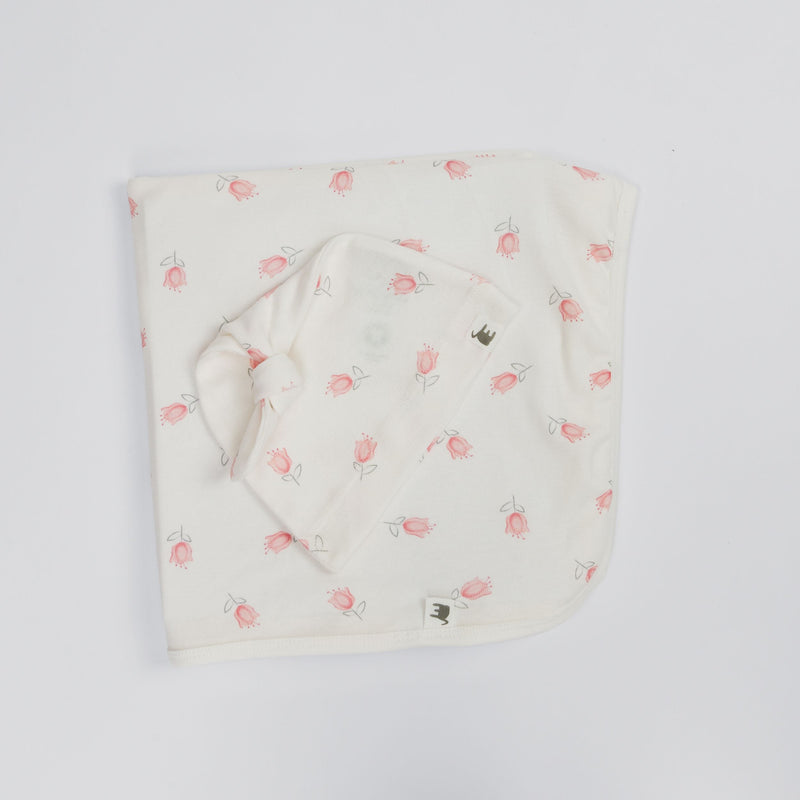 Tulip Print Premium Organic Cotton Blanket and Beanie Set I4493