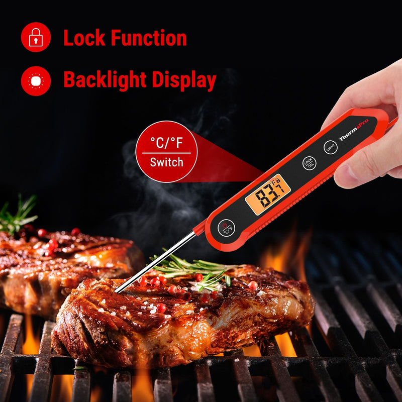 Waterproof Digital Instant-Read Folding Meat Thermometer with Swivel Probe, Black/Red W2543