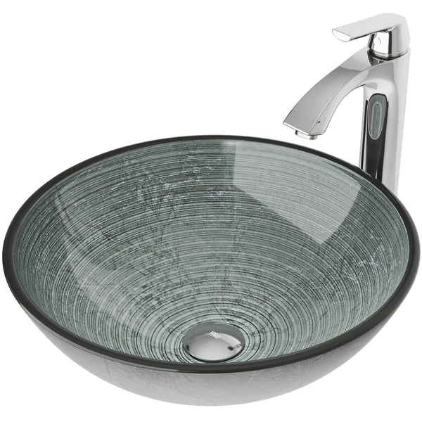 Glass Simply Silver Bathroom Sink/Basin Set with Linus Faucet and Round Vessel U8540