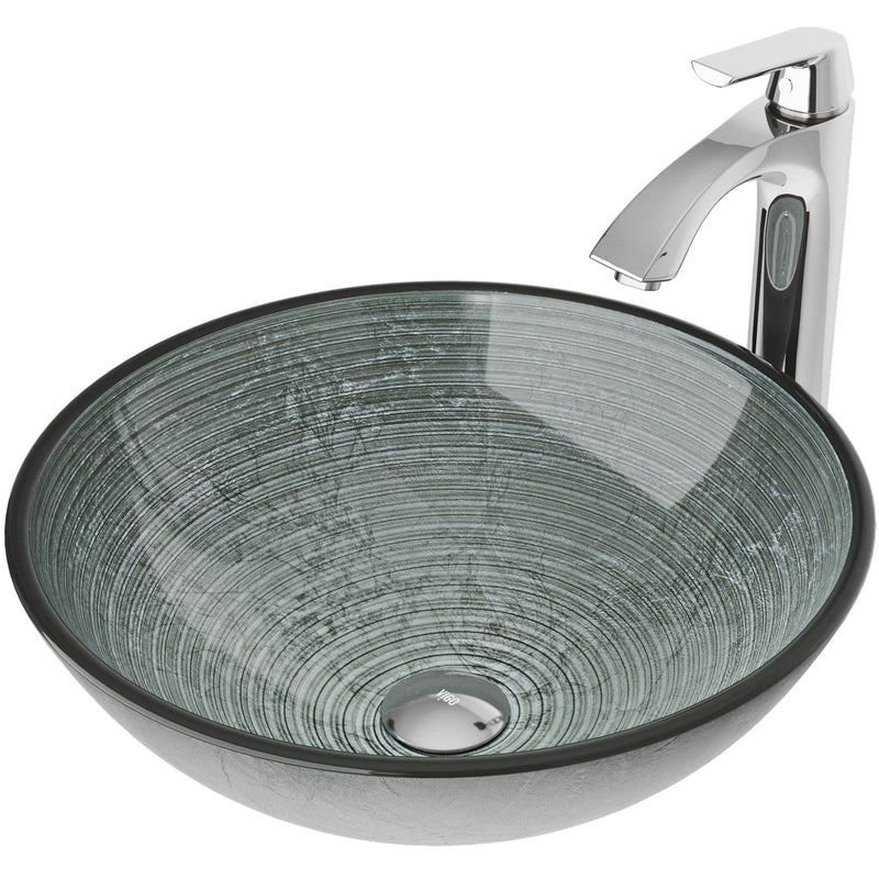 Glass Simply Silver Bathroom Sink/Basin Set with Linus Faucet and Round Vessel U8540